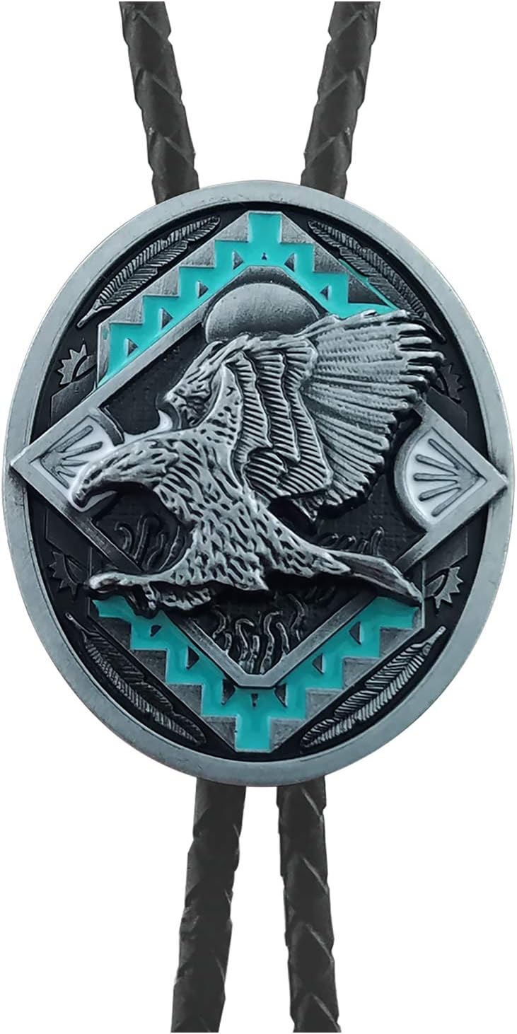 QUKE Native American Western Cowboy 3D Bald Eagle Sunset Bolo Tie Hand-woven Leather Necktie for Men Women - Image 1
